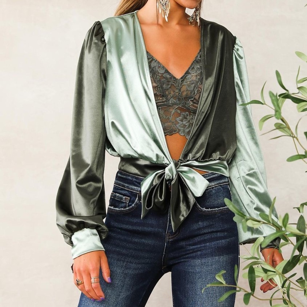 Buckle Satin Tie-Front Blouse in Olive and Sage